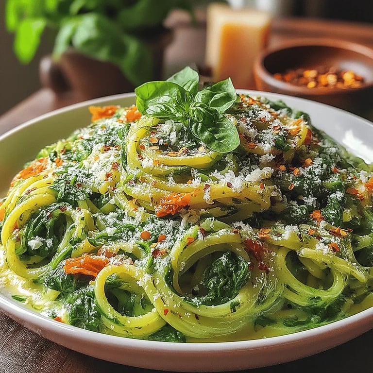 Spinach & Sun-Dried Tomato Dream Pasta close up showing texture and detail