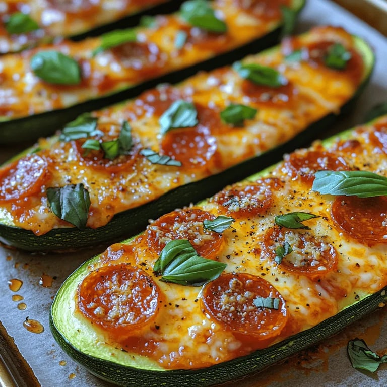 Zucchini Pizza Boats: close up showing melty cheese and crisp zucchini texture