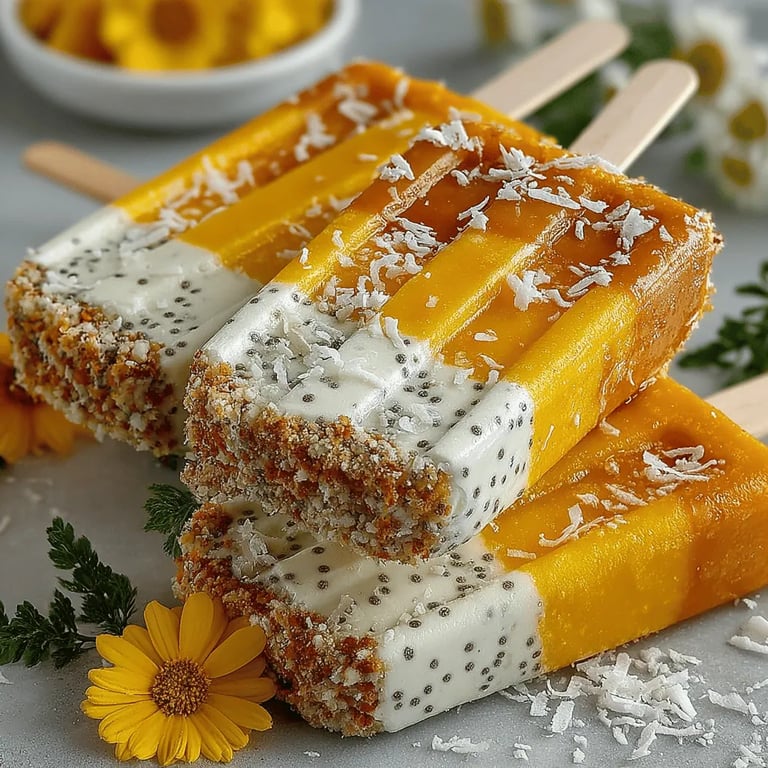 Tropical Bliss Pineapple Chia Pops close up showing golden tops and speckled chia seeds