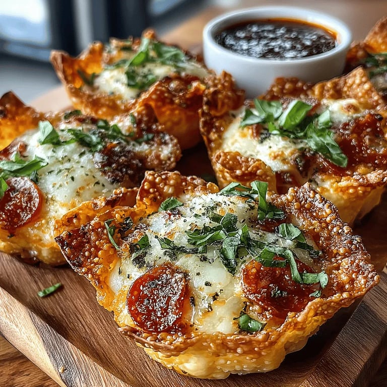 Mini Pepperoni Pizza Wonton Cups Recipe close up showing texture and detail