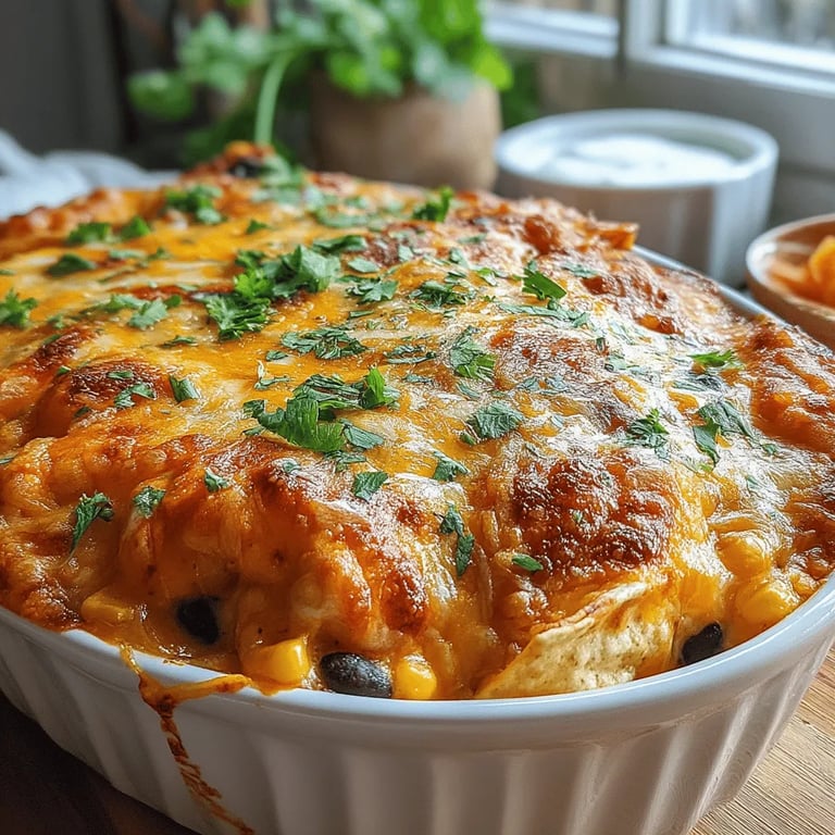 Cheesy Chicken Fiesta Quesadilla Casserole close up showing texture and detail