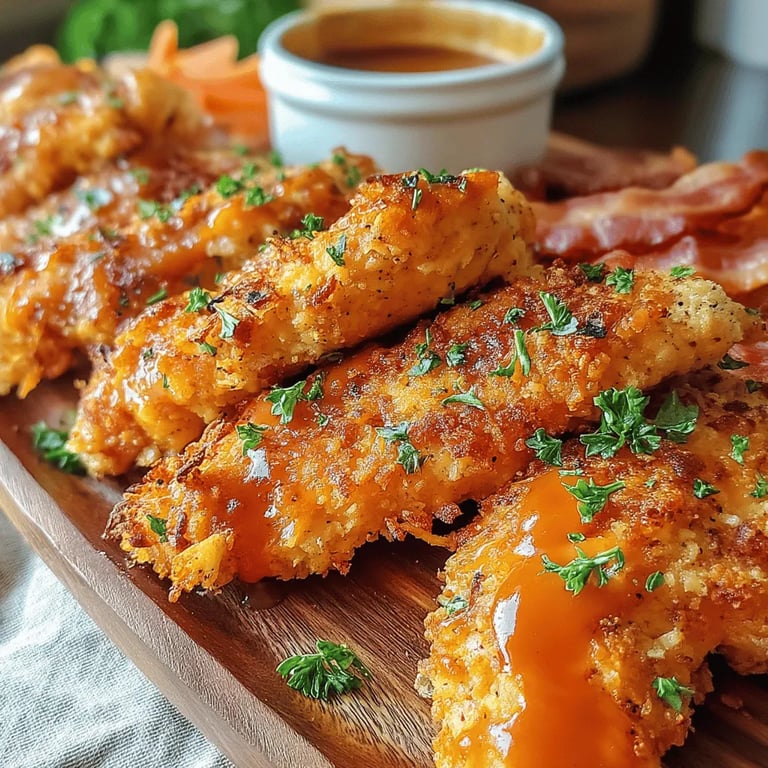 Crunchy Whiskey BBQ Bacon Chicken Tenders close up showing texture and detail