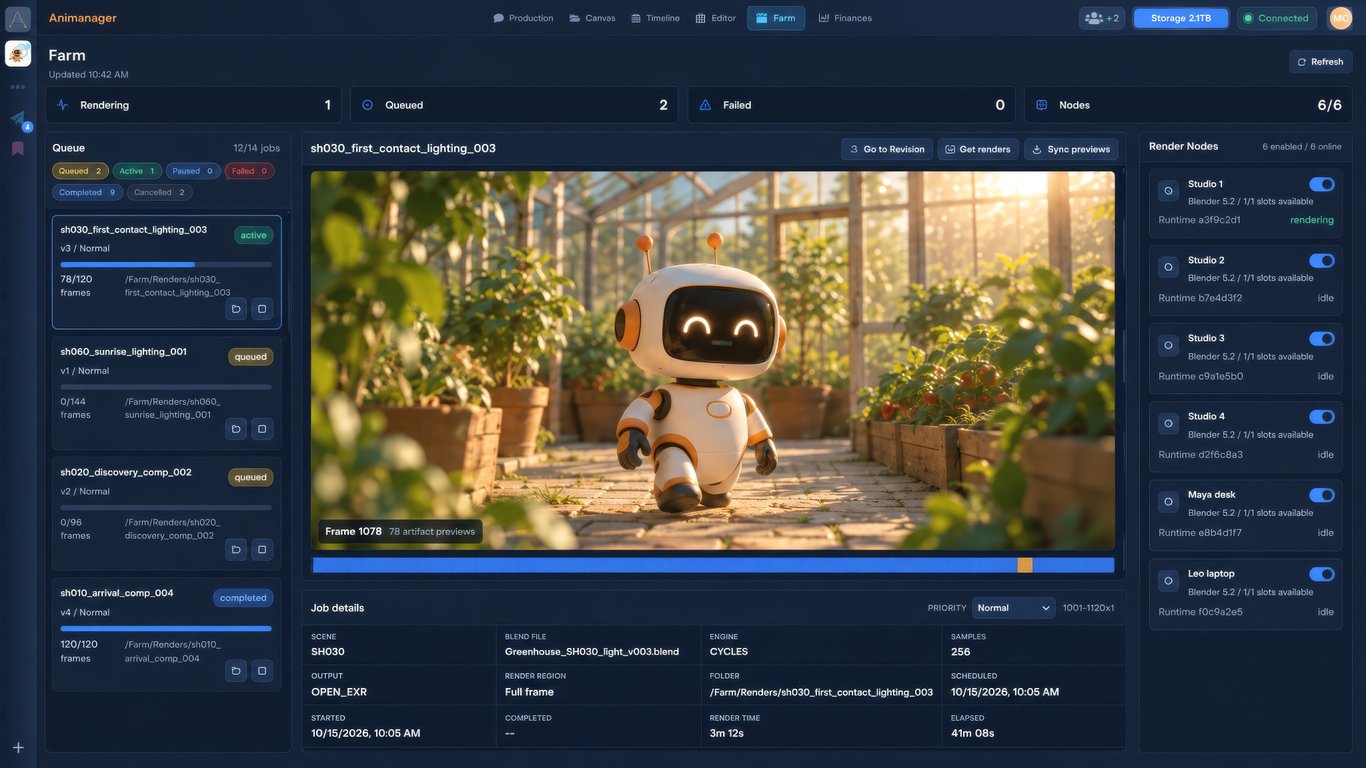 Illustrative Animanager project activity with live snapshots and the render farm queue (available on request) in the blue theme, based on the real interface with fictional Greenhouse project data.