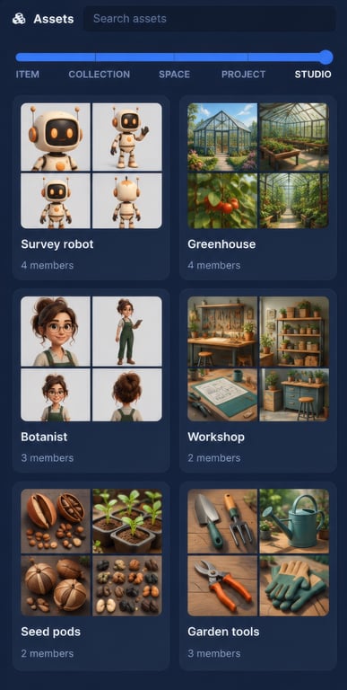 Illustrative Animanager assets panel with reusable references.