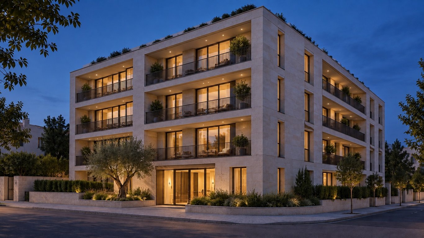 Blue hour. Lighting variation from the same architectural reference.