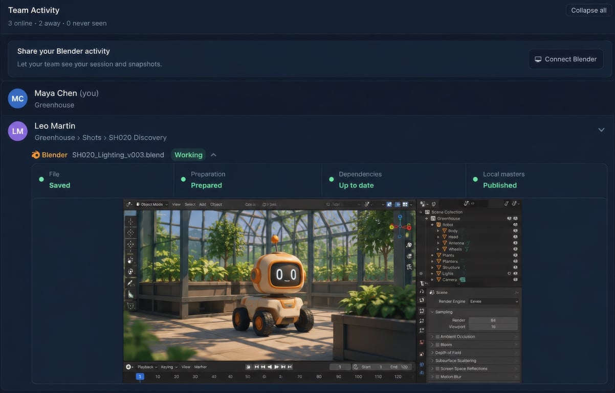 Animanager remote collaboration in the blue theme, illustrated from the real interface using fictional demonstration data.
