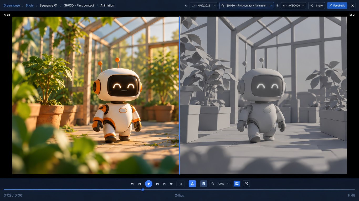 Illustrative Animanager side-by-side review of two revisions in the blue theme, based on the real interface with fictional Greenhouse project data.