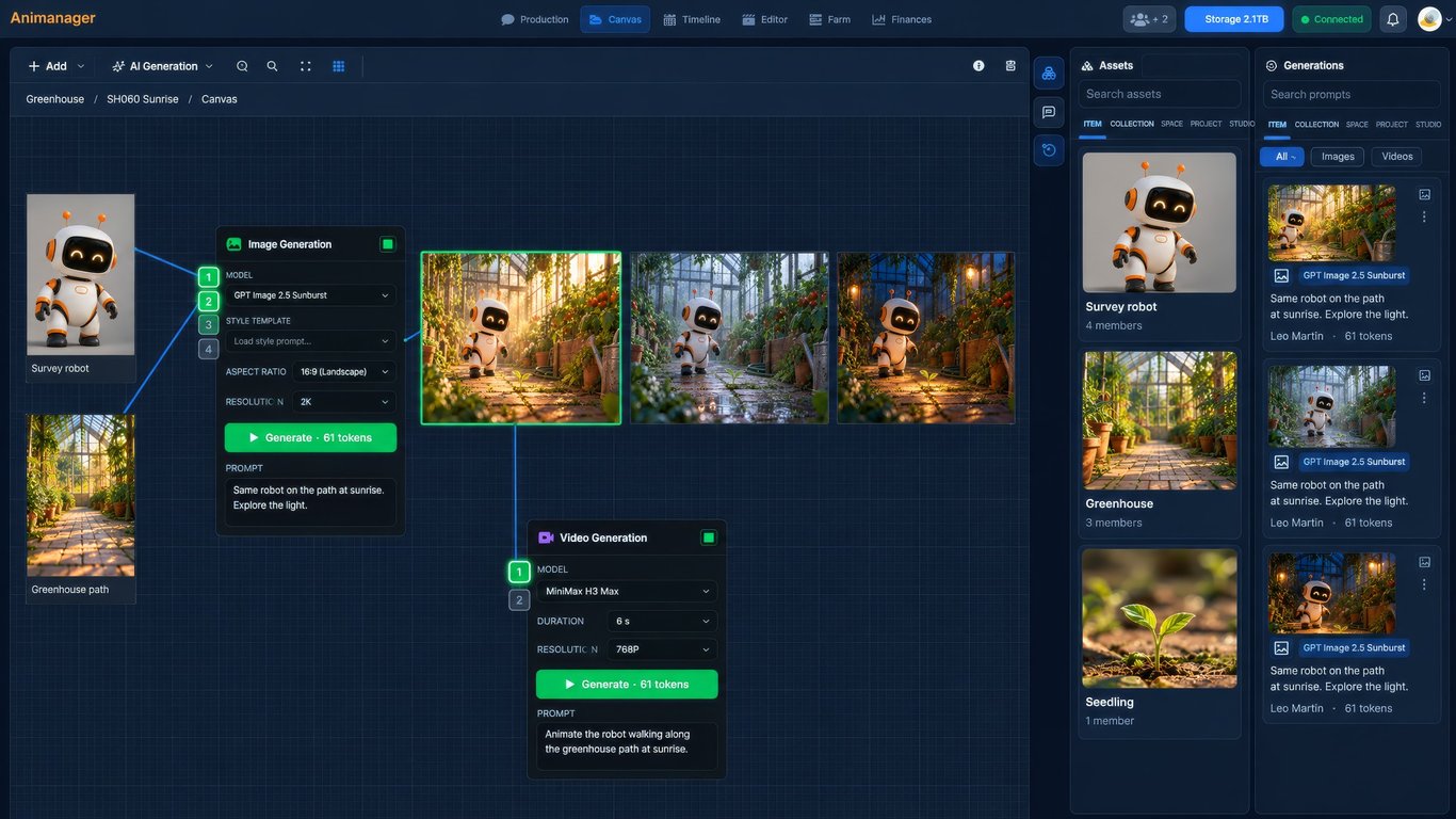 Illustrative Animanager canvas with references wired into an image generator and three results in the blue theme, based on the real interface with fictional Greenhouse project data.