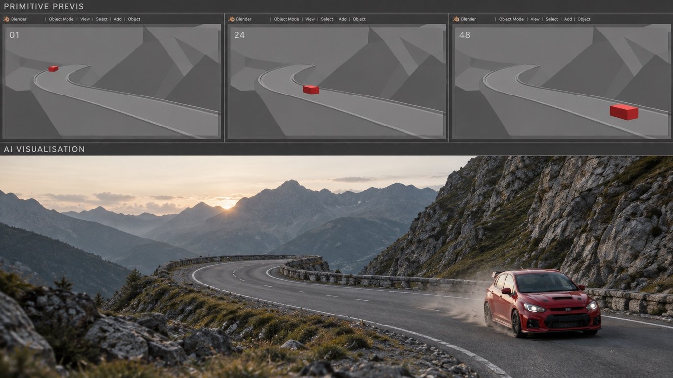 Illustrative Blender previs frames 01, 24 and 48 show a red cuboid moving along a mountain road, above a matching AI car visualisation.