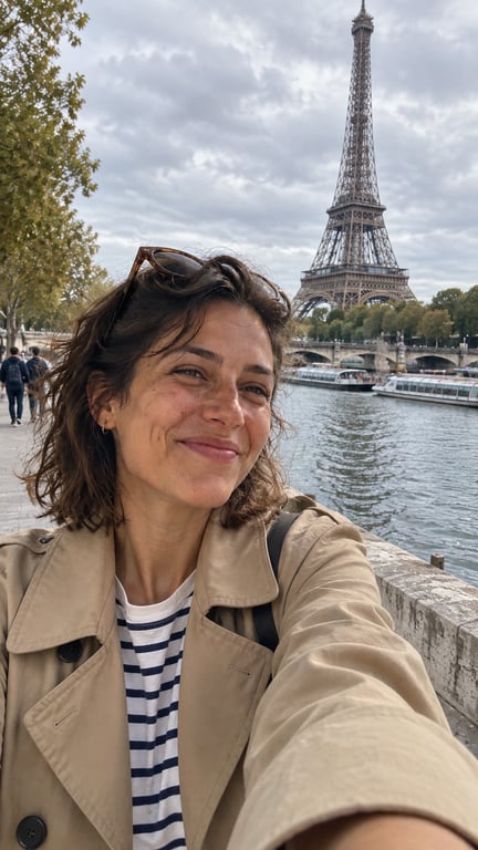 The same creator taking a vertical selfie in Paris, with the Eiffel Tower behind her.