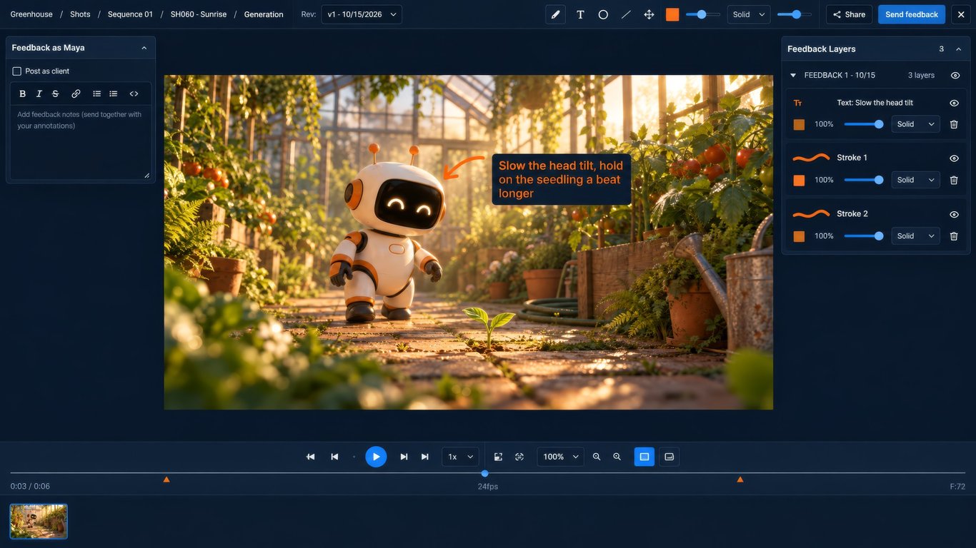 Illustrative Animanager frame-by-frame review of a generated take in the blue theme, based on the real interface with fictional Greenhouse project data.