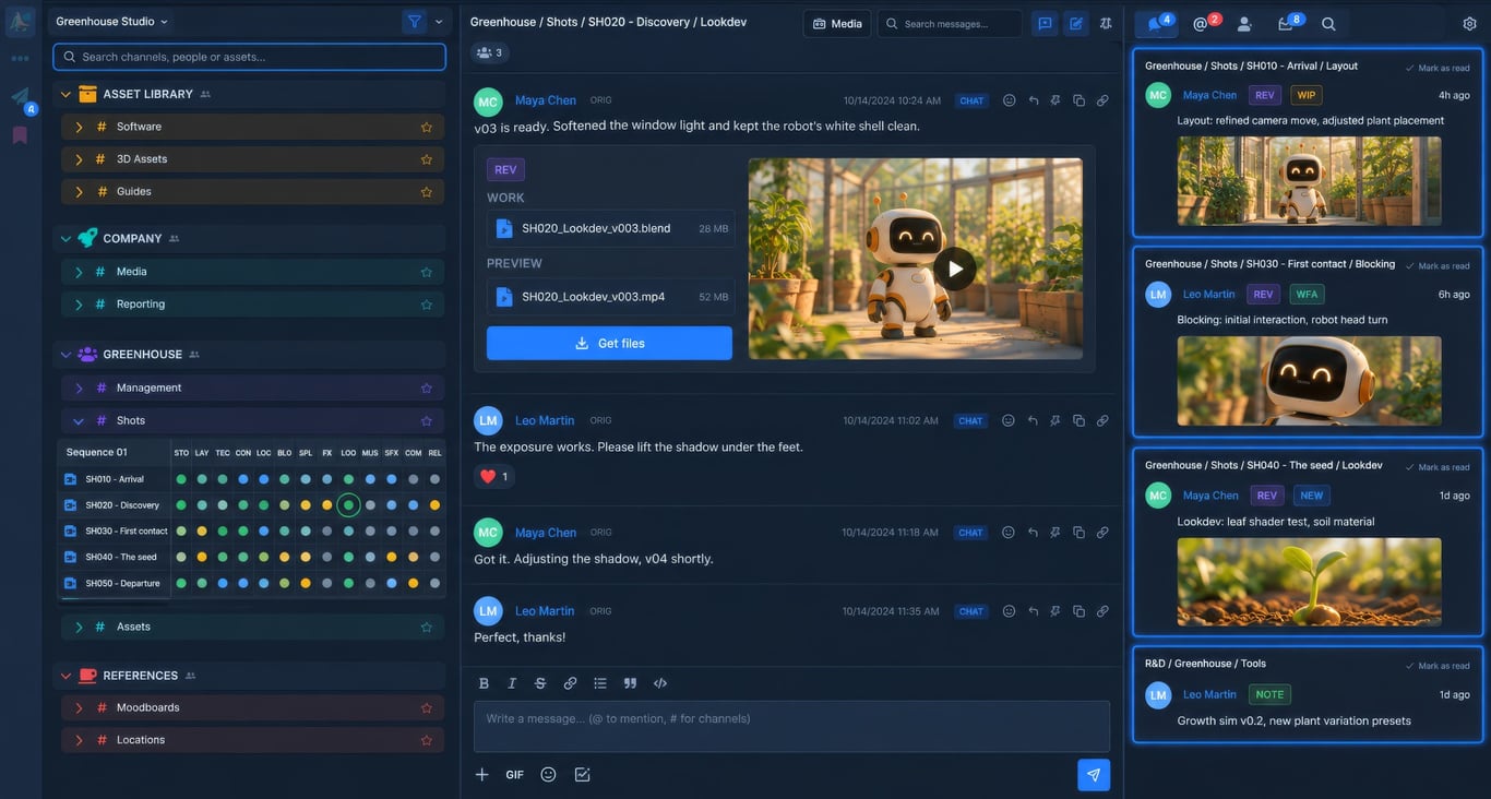 Animanager tree, stage chat and feed in the blue theme, illustrated from the real interface with fictional demonstration data.