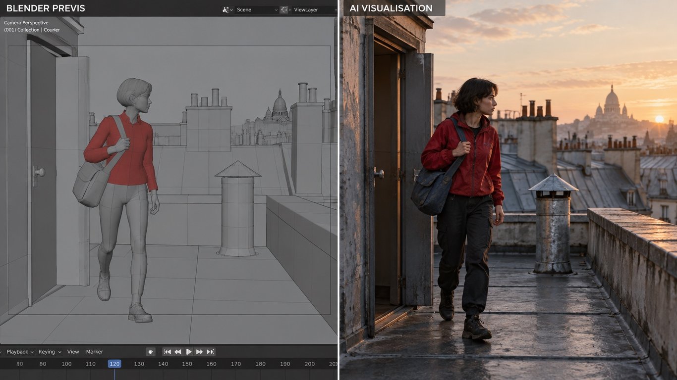 Illustrative comparison of a grey Blender rooftop previs and its matching AI visualisation.