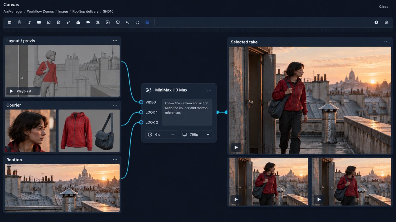 Illustrative Animanager canvas connecting the rooftop previs, courier identity and rooftop references to video generation.