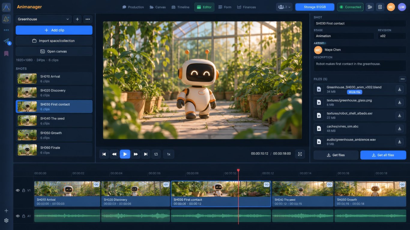 Illustrative Animanager revision file list in the blue theme, based on the real interface with fictional Greenhouse project data.