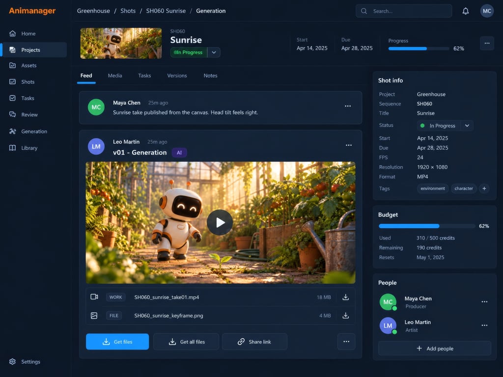 Illustrative Animanager stage conversation with a generated revision in the blue theme, based on the real interface with fictional Greenhouse project data.