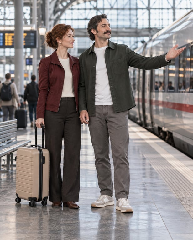 The same actors and gesture, with contemporary clothes, a wheeled suitcase and a modern train station.