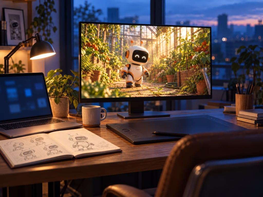 An animator's desk at blue hour, with a finished frame of the survey robot on the monitor.