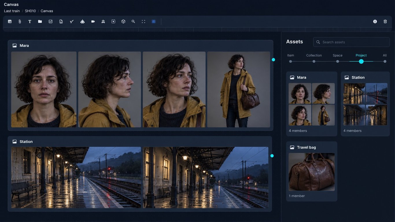 Illustrative Animanager Assets panel with Mara character references, the station location and travel bag.