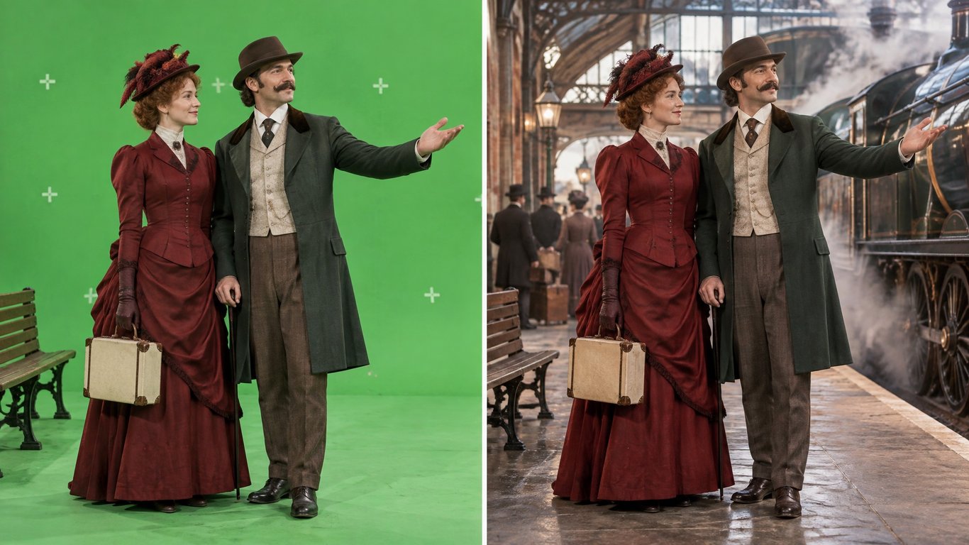 The original actors on green screen, beside the same actors in a historical railway station.