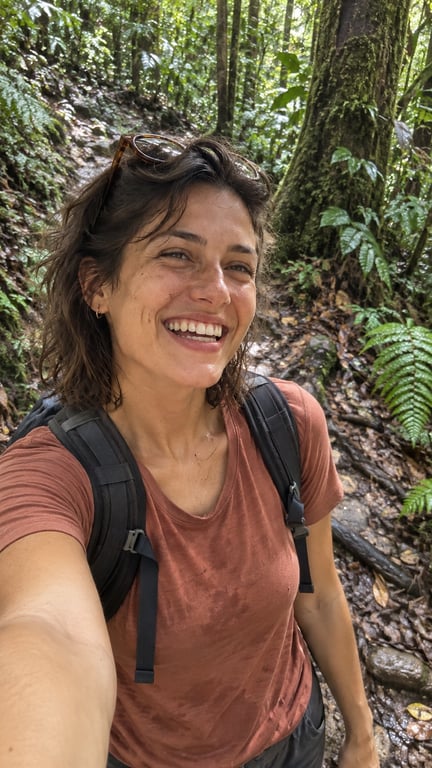 The same creator taking a vertical selfie during a rainforest hike.