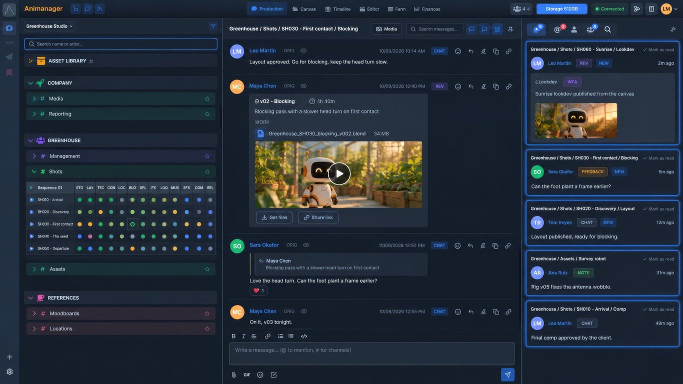 Animanager tree grid, stage chat and feed in the browser, illustrated from the real interface with fictional demonstration data.
