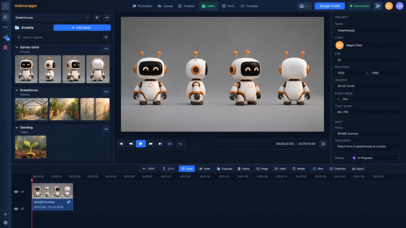 Illustrative Animanager Assets panel beside a shot canvas in the blue theme, based on the real interface with fictional Greenhouse project data.