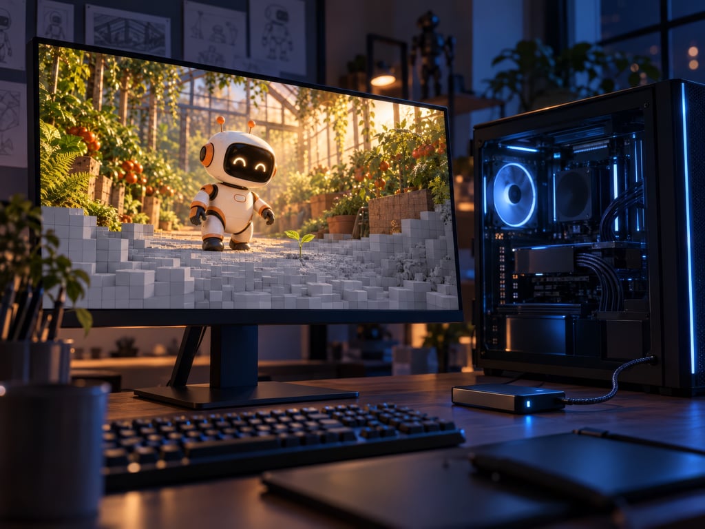 A studio workstation rendering a frame of the survey robot.