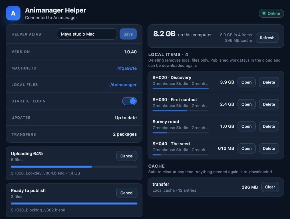 The Animanager Helper window: connection, local files folder, uploads in progress and the items stored on this computer, with fictional demonstration data.