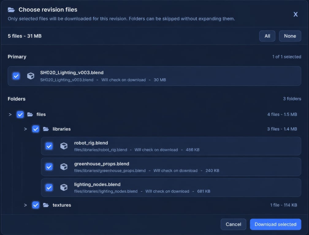 Illustrative Animanager Get files dialog with a working file and its dependencies.