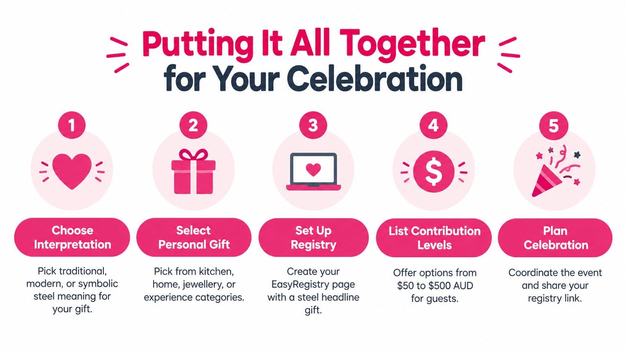A five-step infographic guide on how to plan and organize an 11th anniversary steel-themed gift celebration.