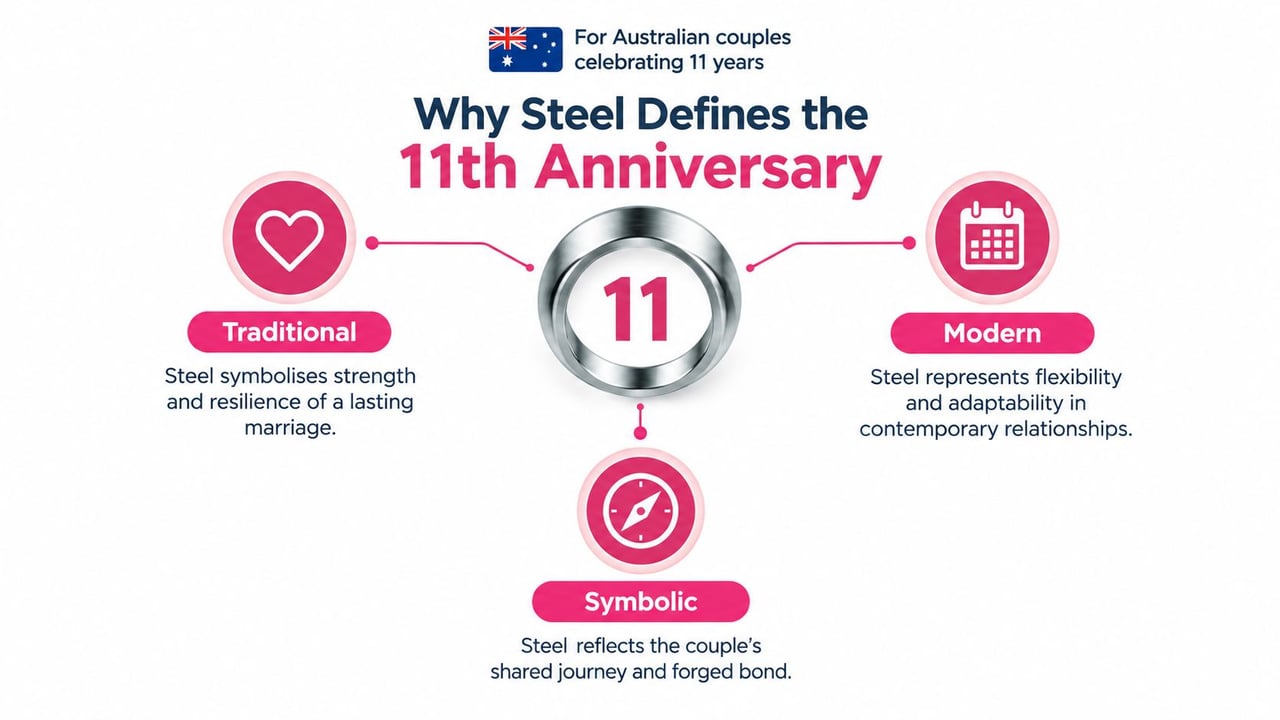 An infographic explaining why steel is the traditional, modern, and symbolic gift for 11th wedding anniversaries.