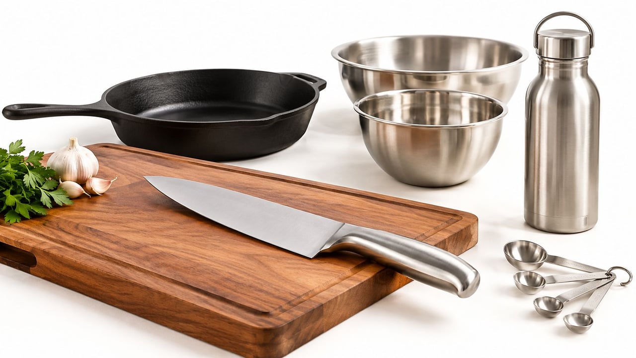 A professional chef knife rests on a wooden cutting board with garlic, parsley, cookware, and measuring spoons.