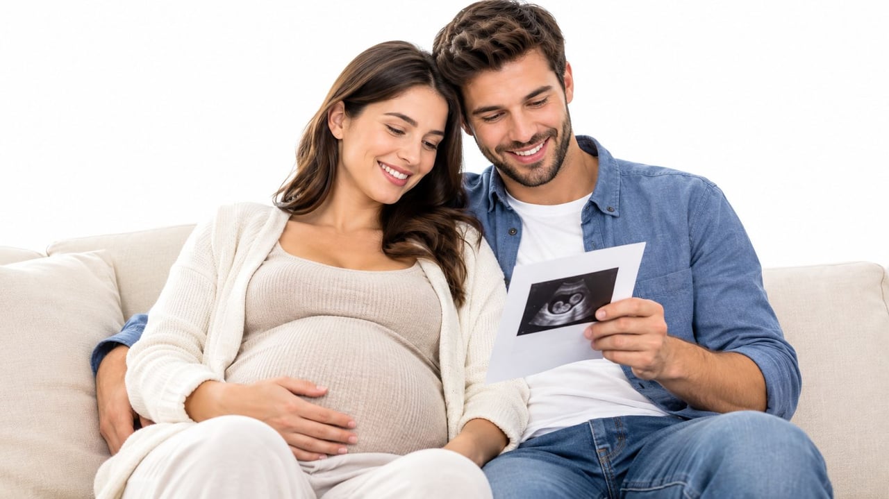 A happy expectant couple sitting on a couch while looking at their baby's ultrasound scan image.