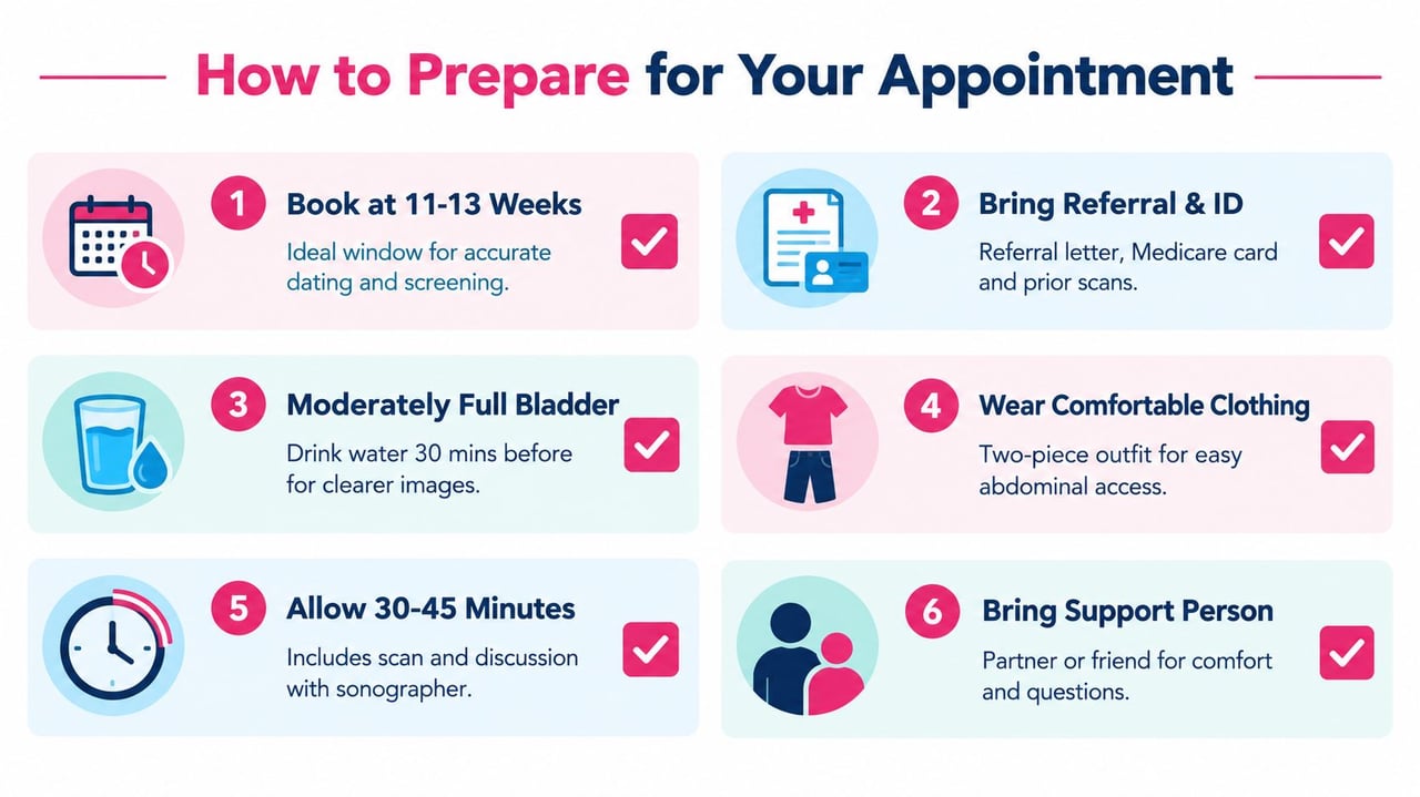 A checklist titled How to Prepare for Your Appointment, outlining six steps for a pregnancy scan.
