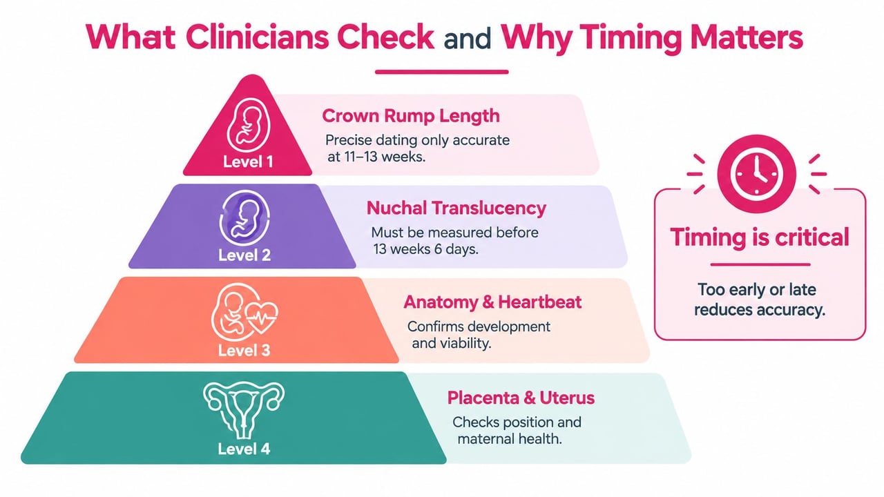 A pyramid diagram explaining the four levels of pregnancy scans and why timing is critical for accuracy.