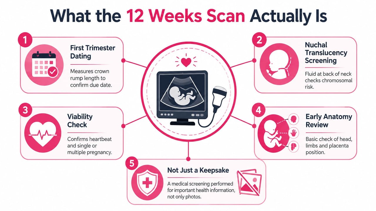 An infographic detailing the five key medical purposes of a 12-week pregnancy ultrasound scan for expectant mothers.