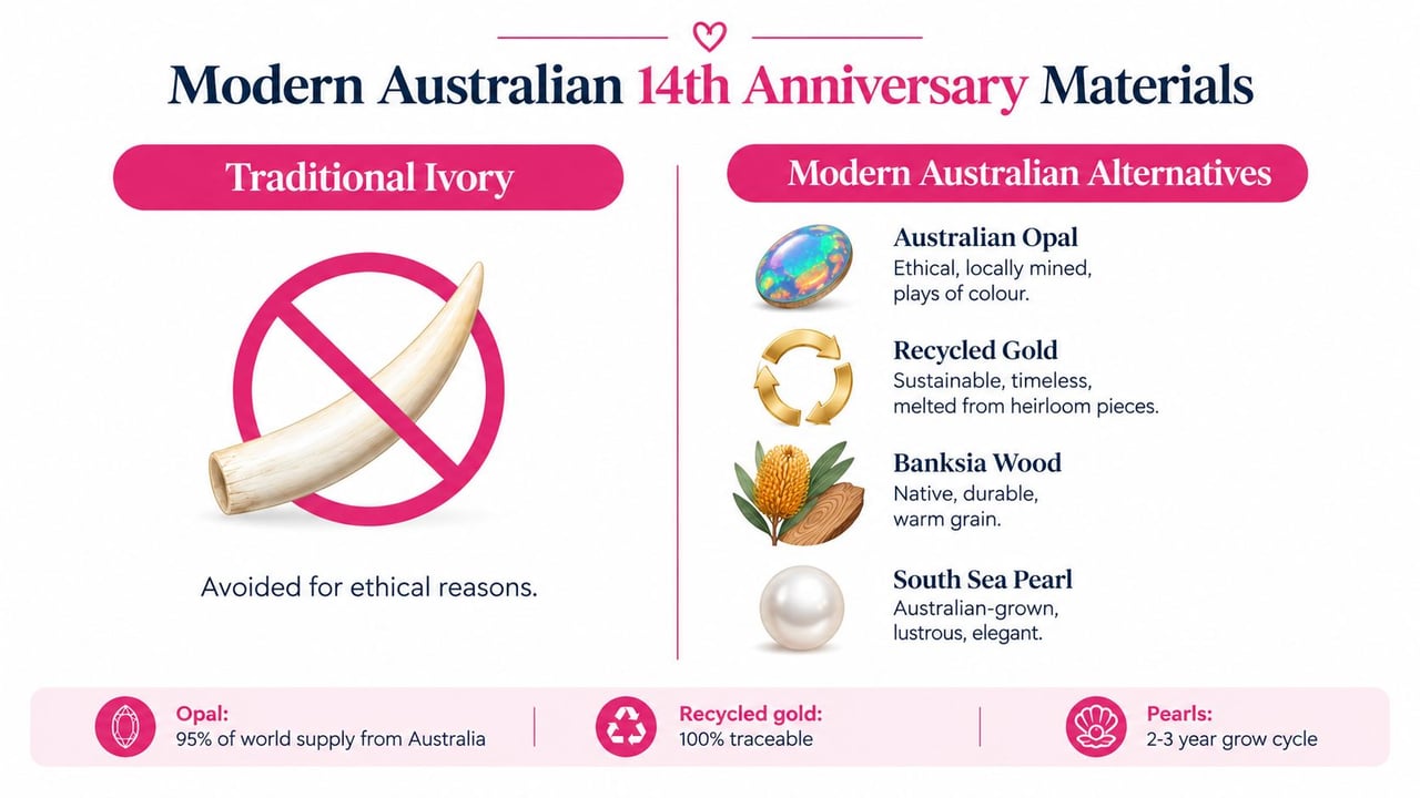 A list of modern Australian alternatives for traditional 14th wedding anniversary ivory gifts.