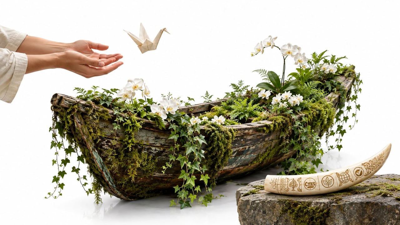 A conceptual scene with hands releasing an origami crane over a wooden boat filled with lush flowers.