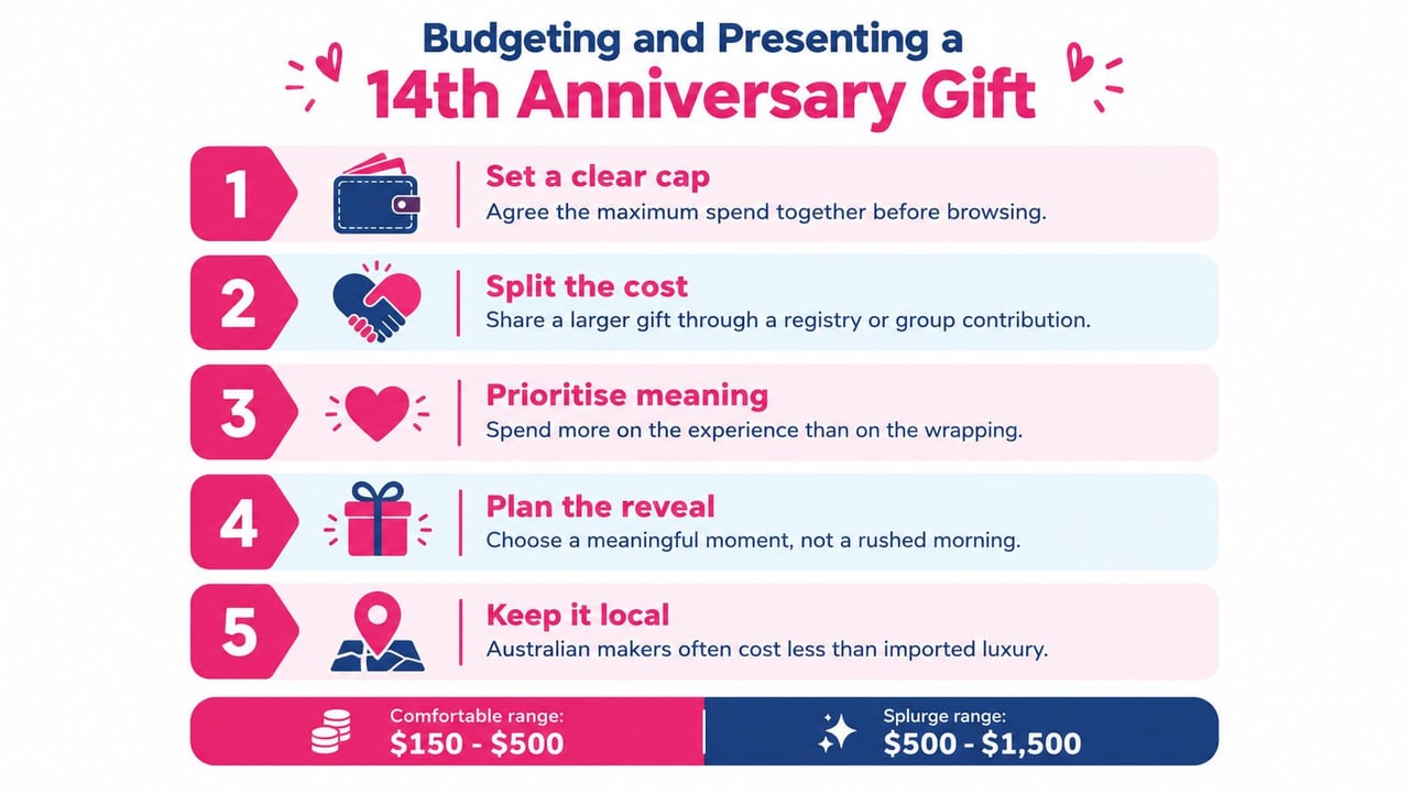 A colorful infographic outlining five tips for budgeting and presenting a thoughtful 14th wedding anniversary gift.