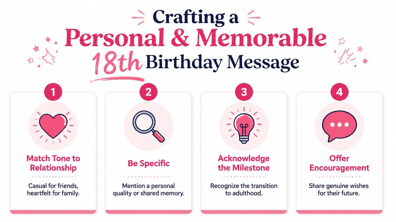 An infographic titled Crafting a Personal and Memorable 18th Birthday Message with four steps and icons.