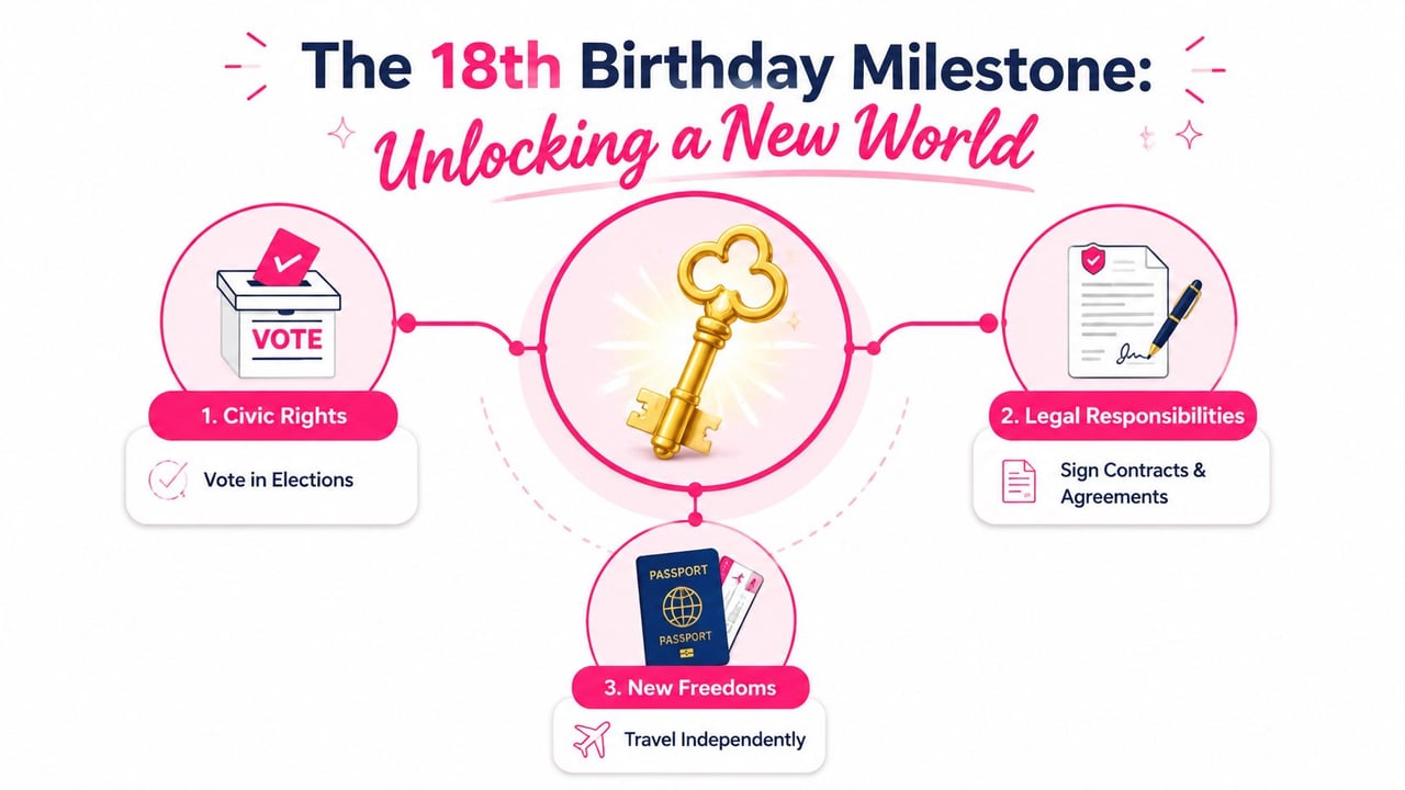 An infographic titled The 18th Birthday Milestone showing icons for voting, legal contracts, and international travel.