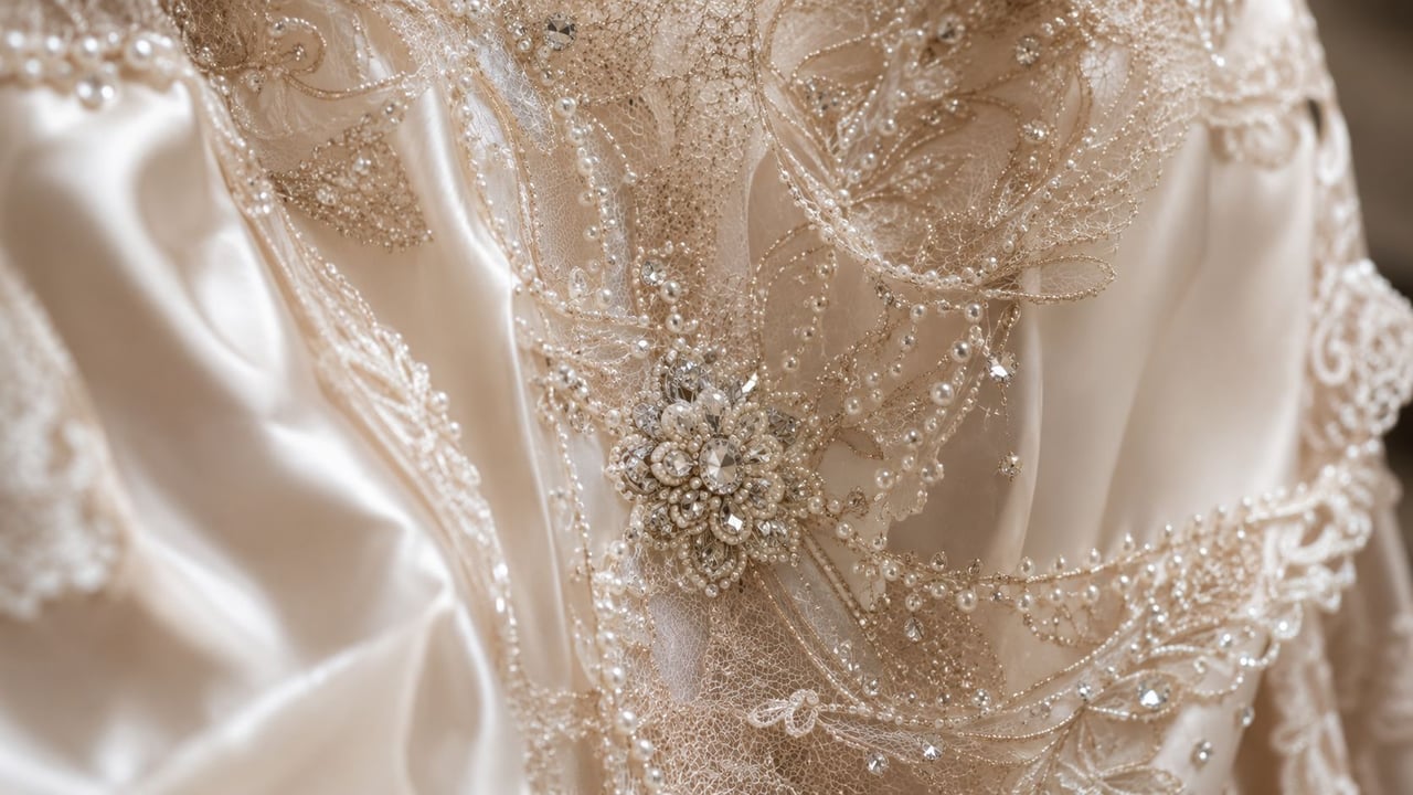 Close-up of a vintage-style bridal gown bodice featuring intricate lace, shimmering beading, and a crystal brooch.