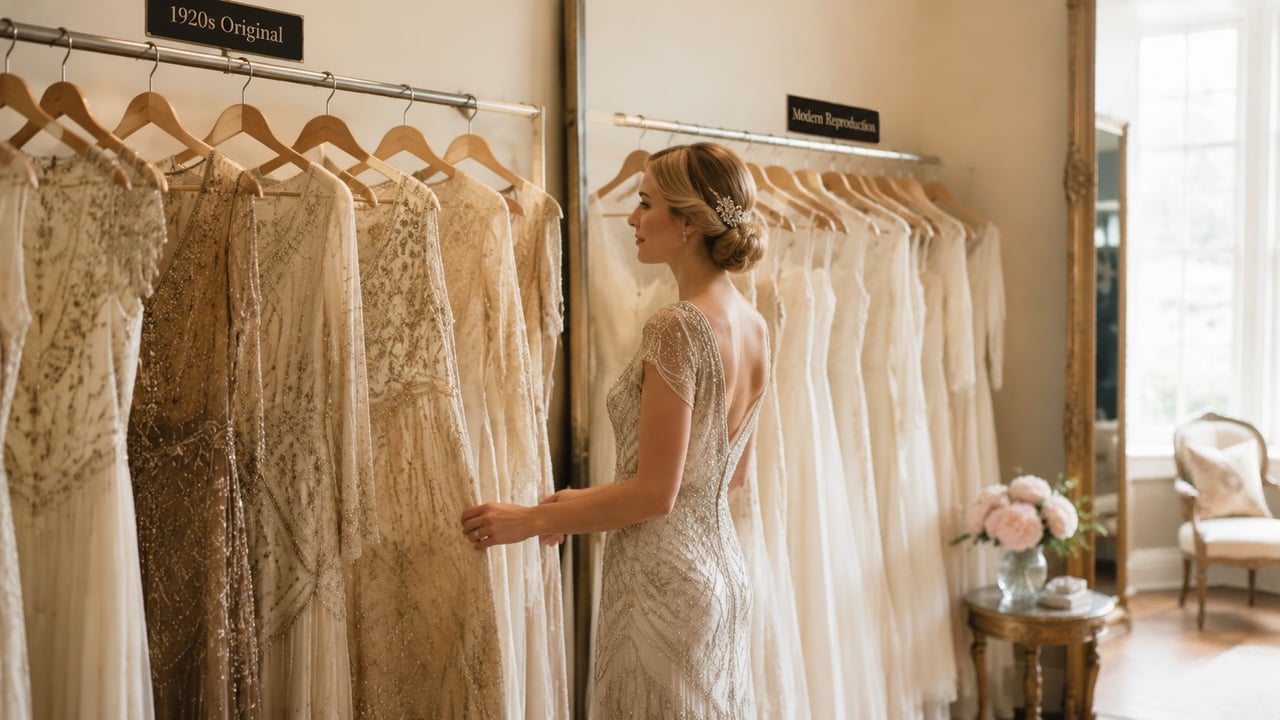 A bride looking at vintage 1920s original and modern reproduction wedding gowns in a bridal boutique.