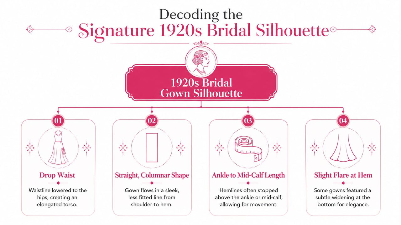 An infographic titled Decoding the Signature 1920s Bridal Silhouette highlighting key features of vintage wedding dresses.