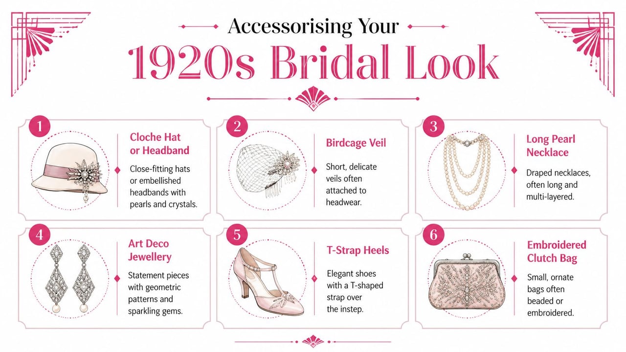 An infographic detailing essential 1920s bridal accessories including cloche hats, birdcage veils, pearl necklaces, and vintage shoes.