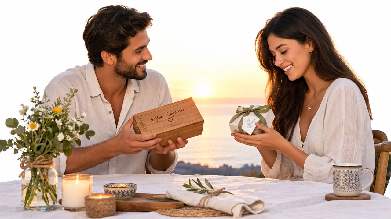 A couple celebrates their anniversary at sunset with gifts on a table, including a wooden box.
