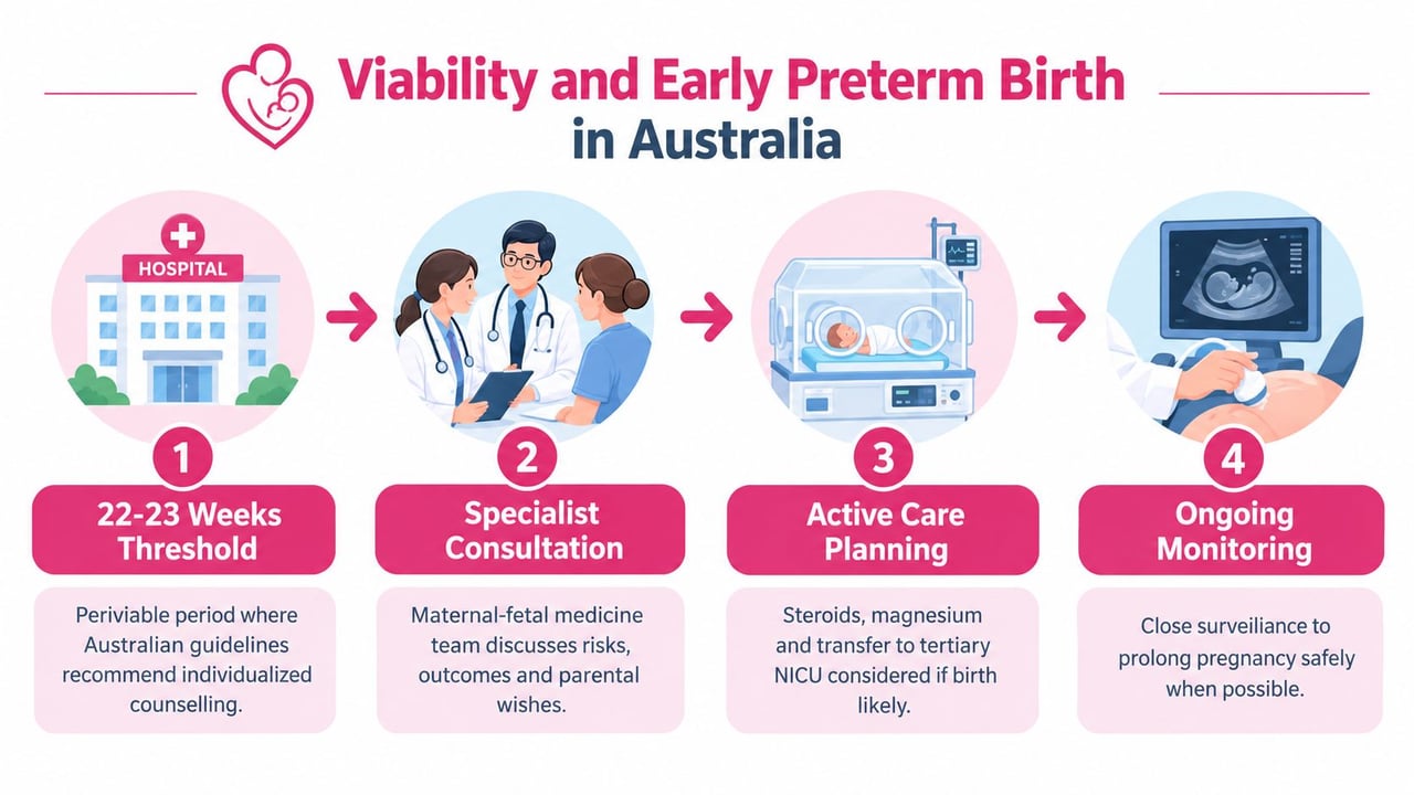 A diagram outlining the clinical care pathway for viability and early preterm birth in Australia.