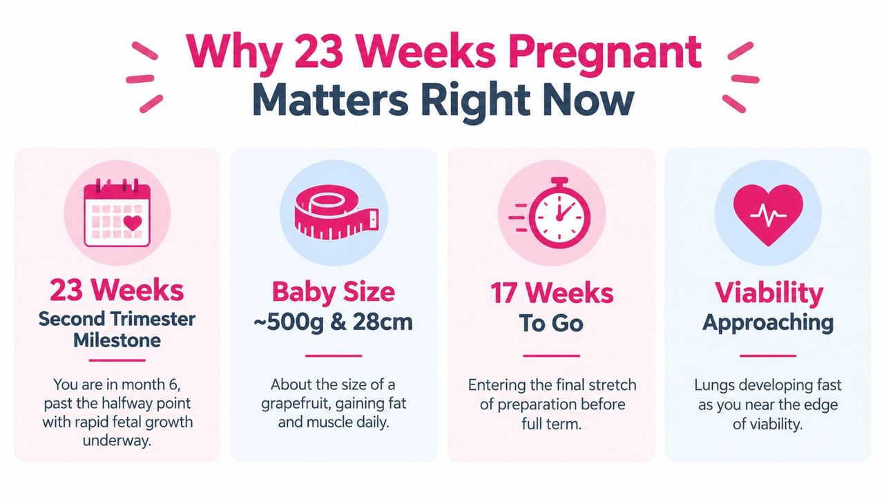 A pregnancy infographic illustrating development milestones for a woman who is 23 weeks pregnant.
