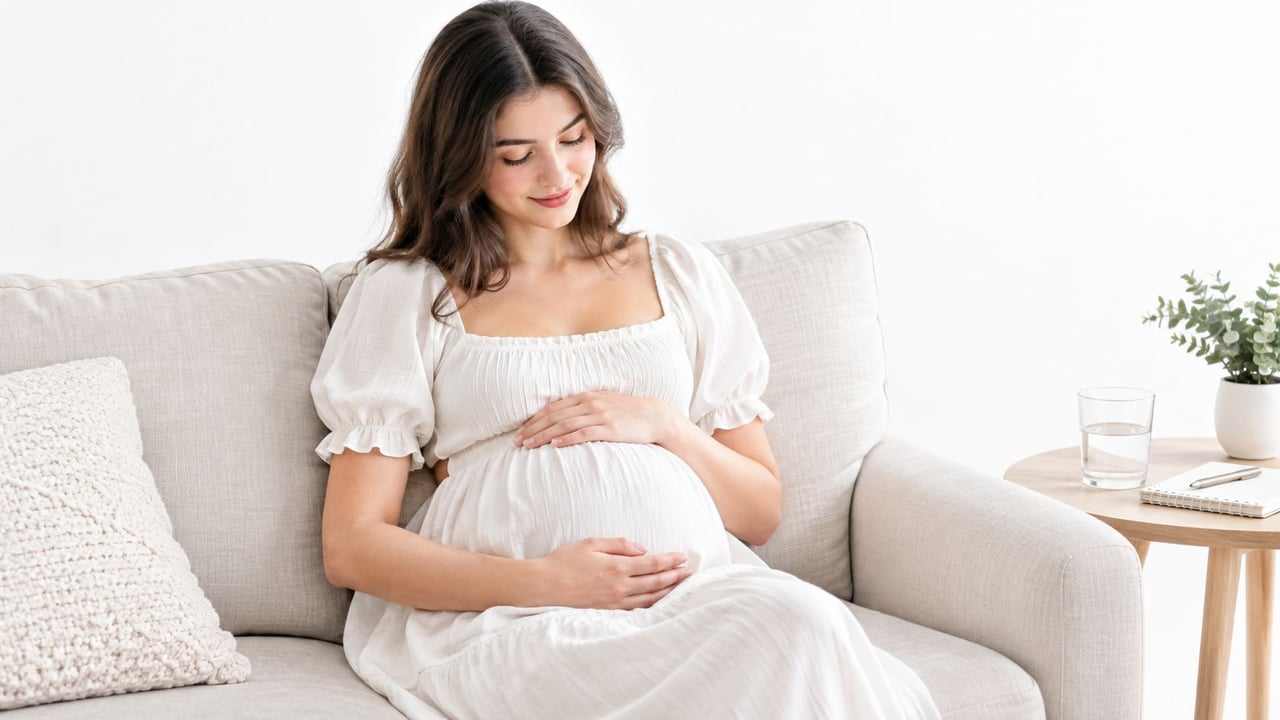A serene pregnant woman in a white dress sits comfortably on a sofa touching her belly.